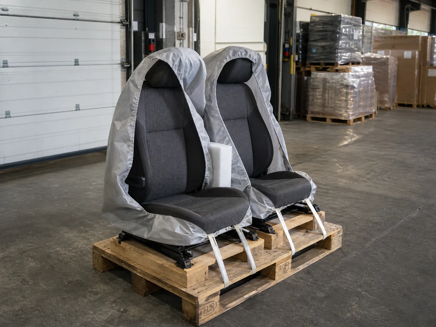 Zwei gebrauchte Autositze mit Schutzhauben auf einer Europalette