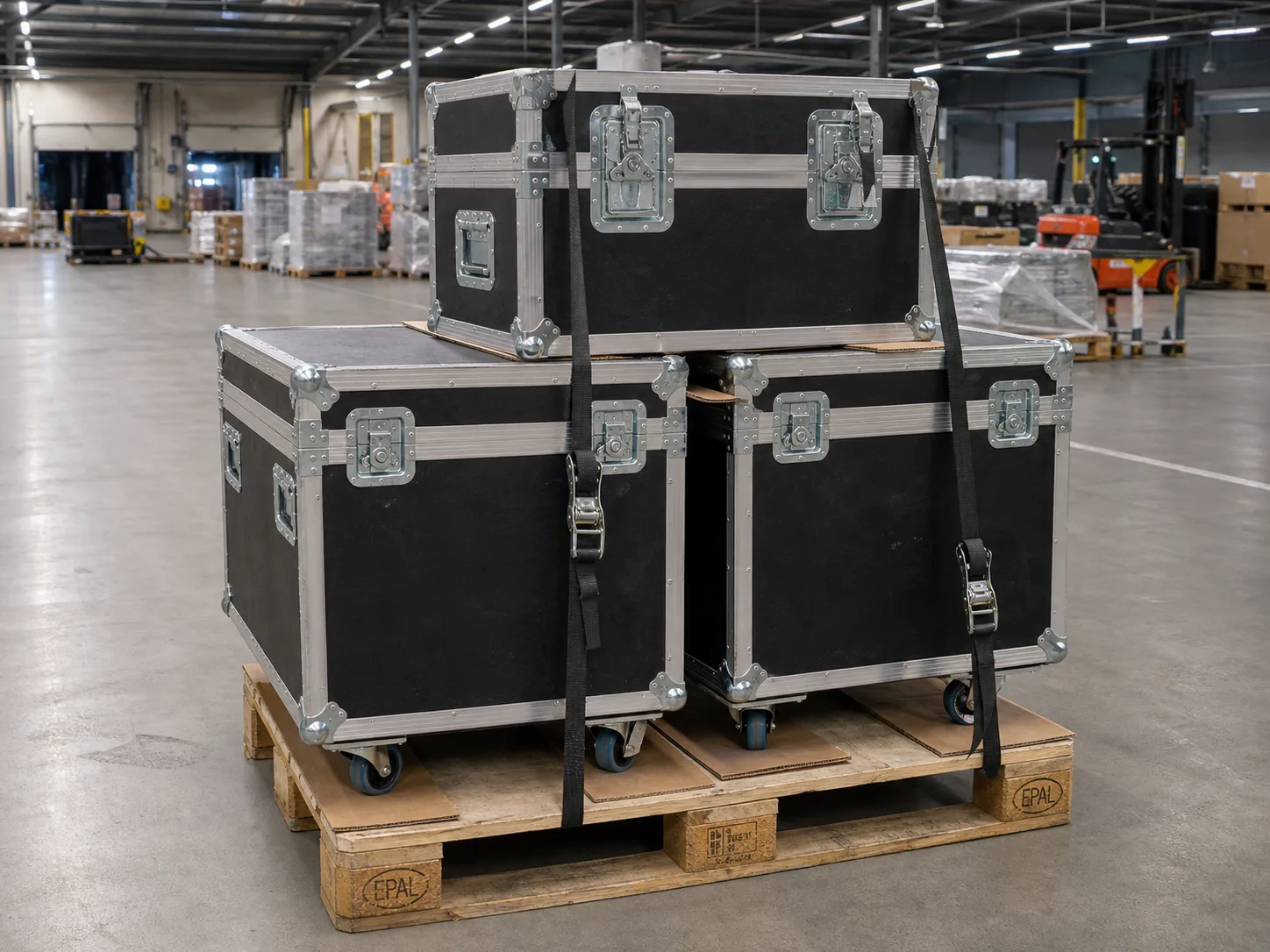 Drei schwarze Flightcases mit Metallkanten und Gurten auf einer Europalette
