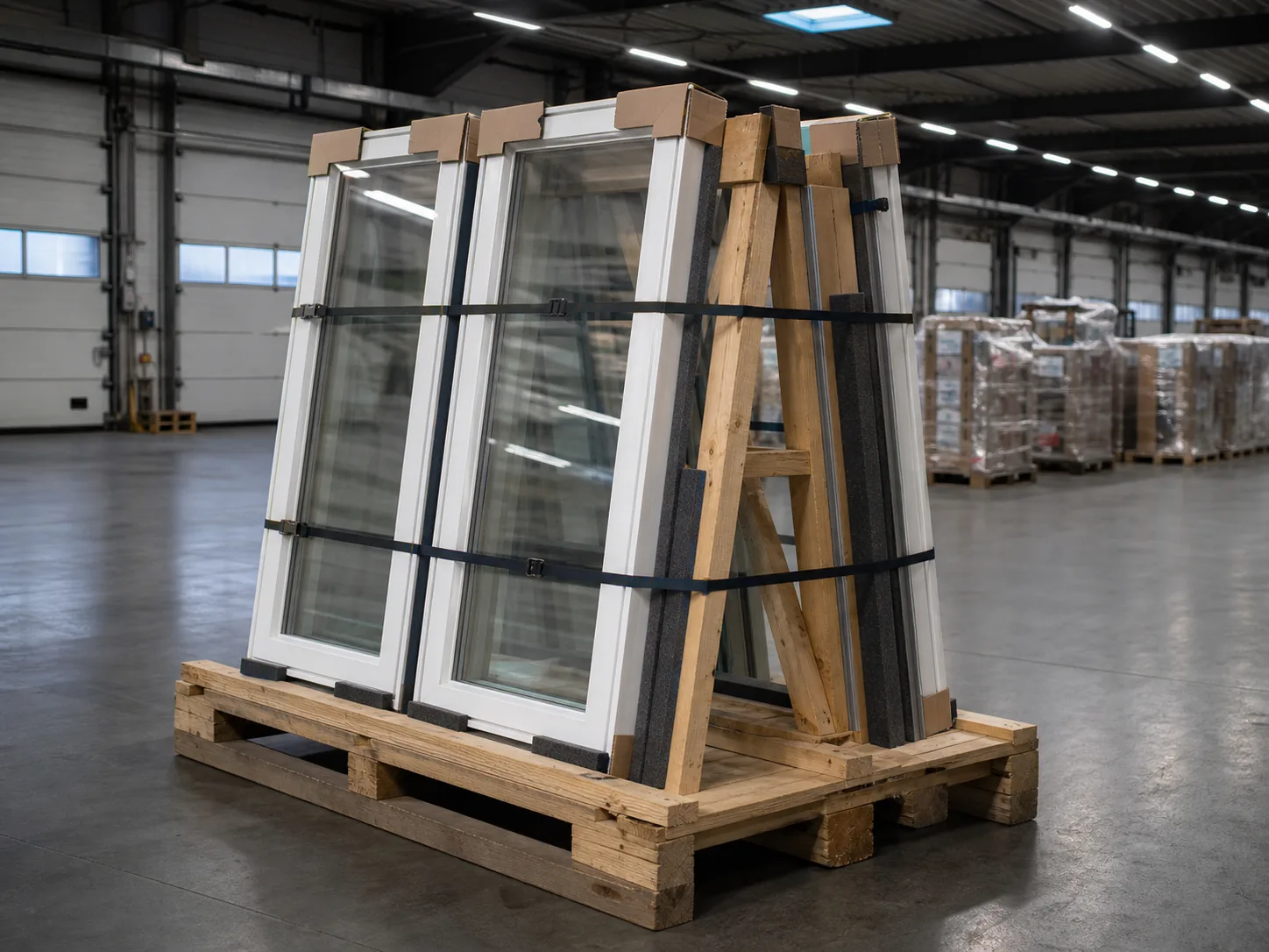 Mehrere Fenster stehend, gepolstert und verzurrt in einem hölzernen A-Gestell