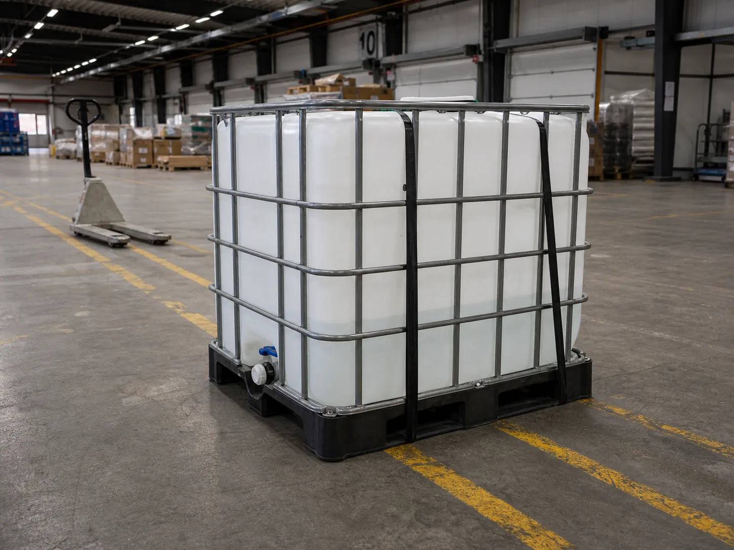 IBC-Container im Metallgitter mit Gurten in einer Umschlaghalle