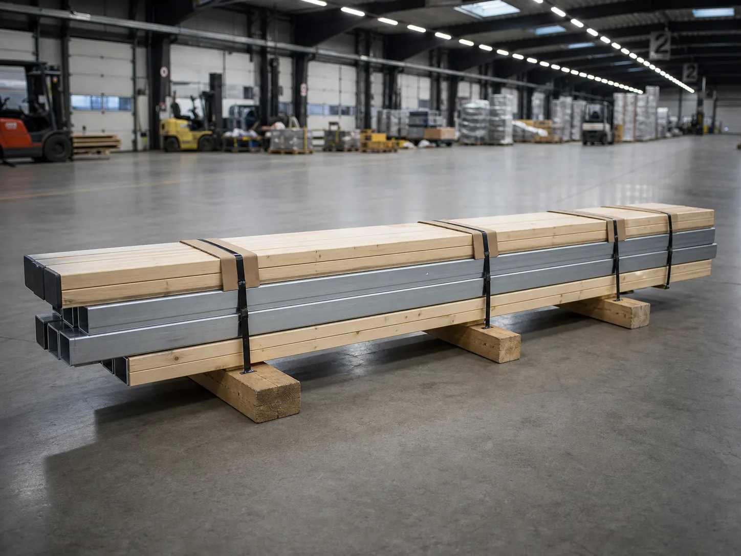 Gebündelte Holzbretter und Metallprofile mit Kantenschutz auf Unterleghölzern
