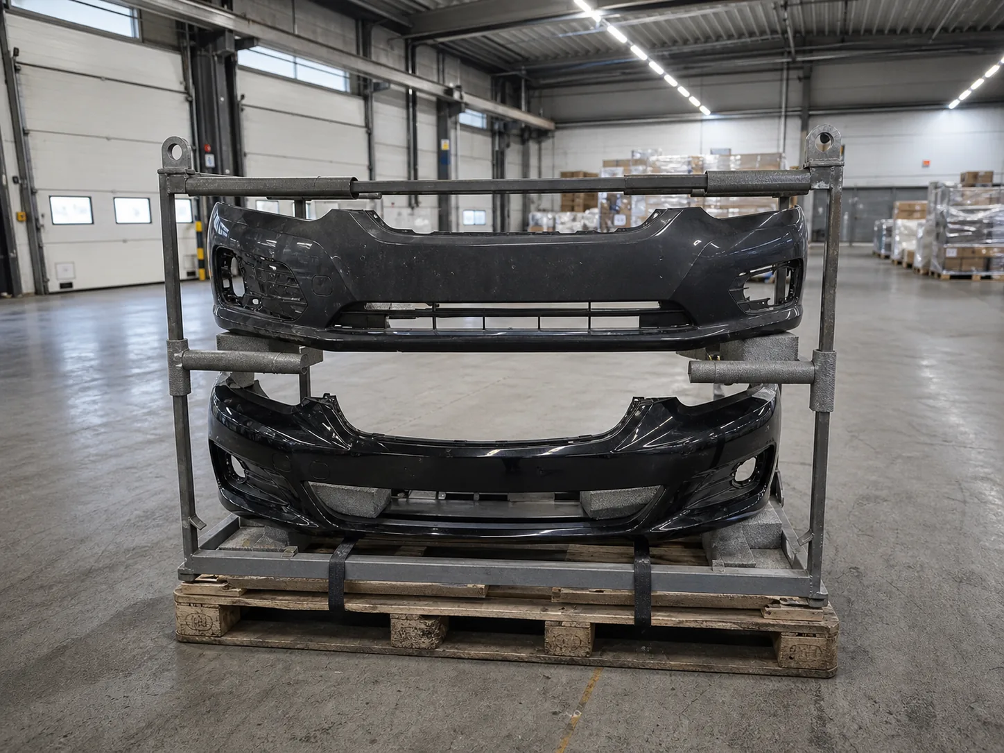 Zwei gebrauchte Stoßstangen gepolstert in einem Metallgestell auf Europalette