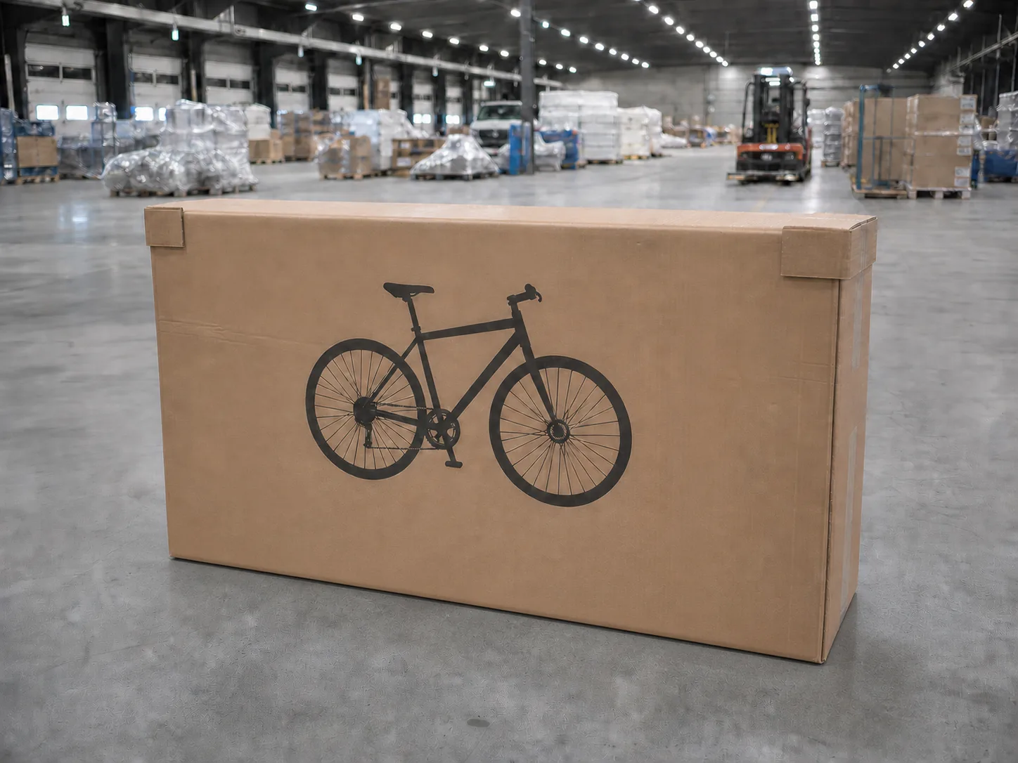 Großer Fahrradkarton mit Fahrrad-Silhouette auf dem Boden einer Umschlaghalle