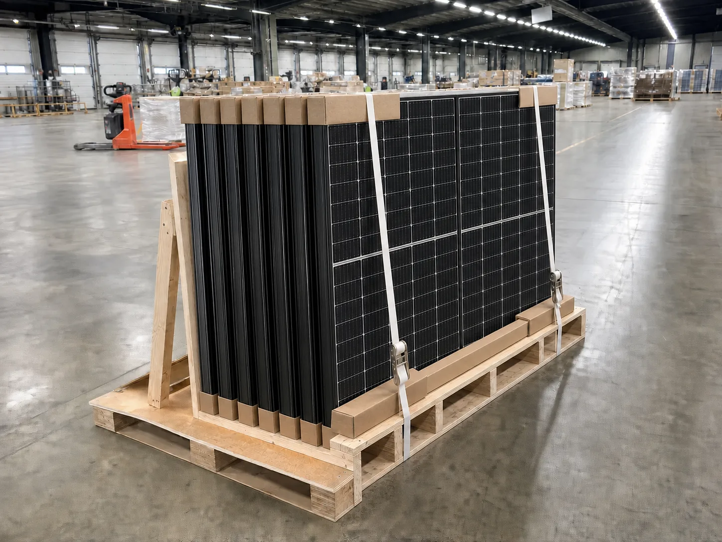 Acht Solarmodule mit Kantenschutz in einem A-Gestell auf einer Transportpalette